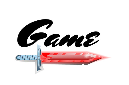 Epic fight game element with sword. Fantasy battle competition vector illustration. Cartoon medieval weapon for computer game design.のイラスト素材