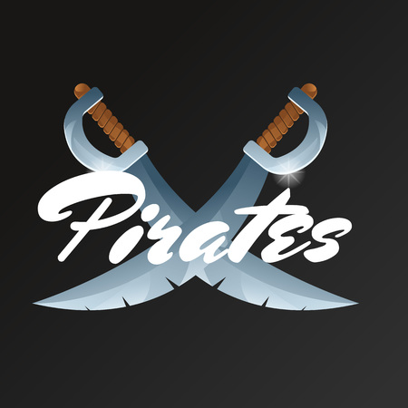 Pirates game element with crossed swords. Confrontation versus sign, fight opposition concept, pirate sabre vector illustration. Cartoon medieval weapon for computer game design.のイラスト素材