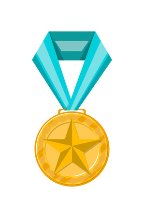 Sport competition golden medal with ribbon isolated on white background. Champion achievement medallion, award ceremony label, victory prize sticker, winner trophy vector illustration.のイラスト素材