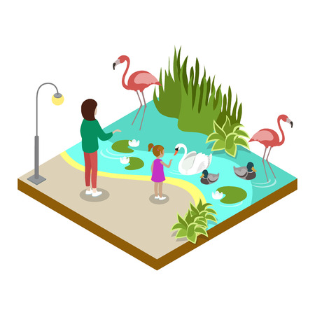 Cage with flamingos isometric 3D icon. Public zoo with wild animals and people, zoo infrastructure element for design vector illustration.のイラスト素材