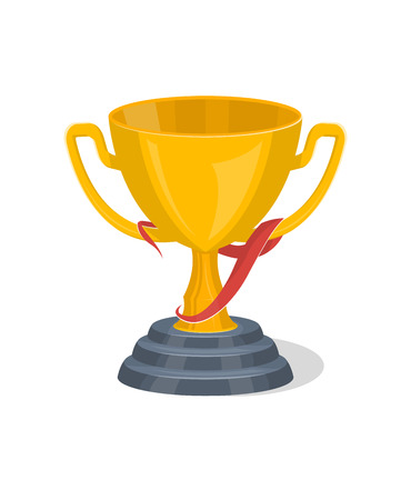 Golden trophy cup isolated on white background vector illustration. Winner championship ceremony label, first place prize, victory emblem in flat style.のイラスト素材
