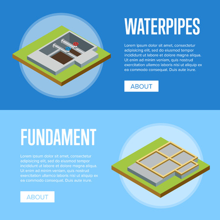 Land preparation under building, water pipe installation and foundation pouring 3d isometric vector illustration. Construction stages of countryside house, architecture and development flyers.のイラスト素材