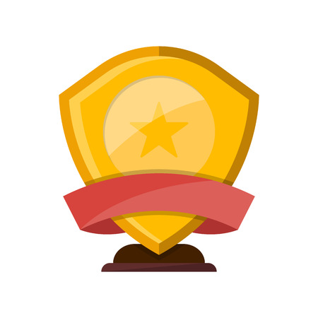 Golden award trophy of shield shape isolated on white background vector illustration. Winner championship ceremony label, first place prize, victory emblem in flat style.のイラスト素材