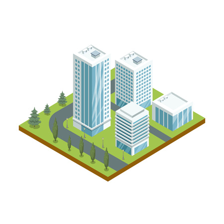 Multi-storey buildings with glass facades 3d isometric icon. Modern downtown architecture, city streets with green decorative plants vector illustration.のイラスト素材