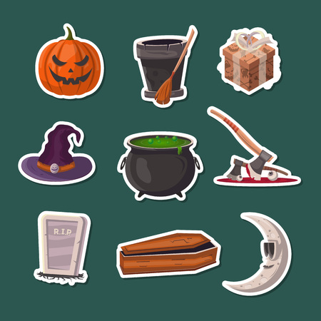 Halloween party icons. Potion cauldron, witch hat, coffin, rip gravestone, witch broom, executioner ax, halloween pumpkin head jack lantern, crescent moon vector illustration. Festive horror event.のイラスト素材