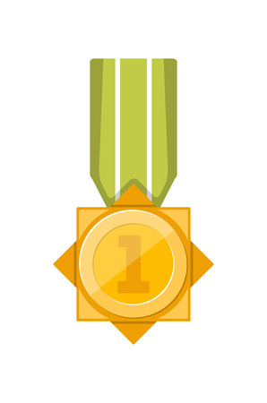 First place golden medal with green ribbon isolated on white background. Champion achievement medallion, award ceremony label, victory prize sticker vector illustration.のイラスト素材