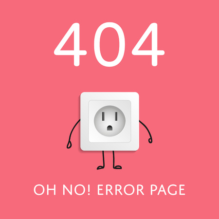 Oh no! 404 error page web symbol with electric outlet. Power socket, energy devices isolated on red background vector illustration. Modern 404 page not found creative concept, browser message layoutのイラスト素材