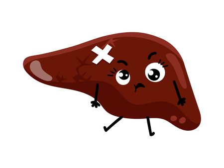 Human sick liver cartoon character. Body anatomy element, health medical sign, internal organ, human body physiology on white background.のイラスト素材