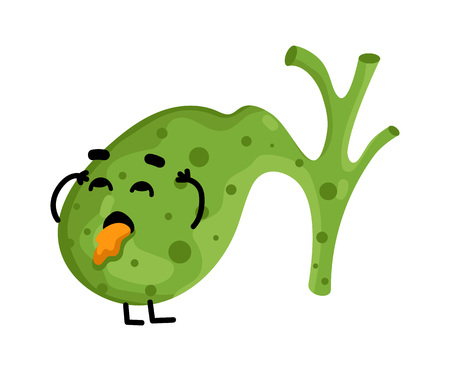 Human sick gallbladder cartoon character. Body anatomy element, health medical sign, internal organ, human body physiology on white background.のイラスト素材