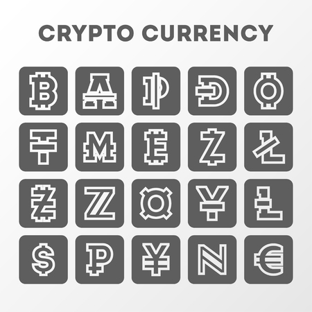 World crypto currency sign collection. Bitcoin, bitecoin, litecoin, namecoin, monero, dash, euro, yen, ruble, dollar, lira, zcash, currency symbols. Online financial system, worldwide payment service.のイラスト素材