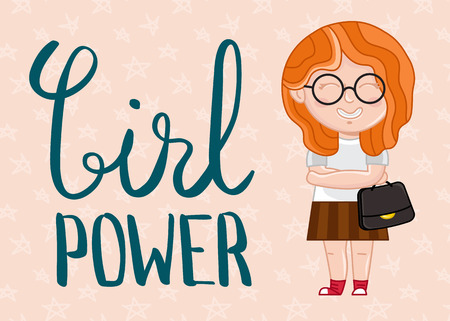Girl power kids postcard with smiling little girl in glasses. Cute greeting card, birthday congratulation, event invitation cover. Interesting children life, happy childhood vector illustration.のイラスト素材
