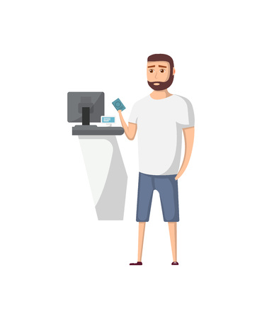 Young travel man with passport near air ticket office. Hipster guy with luggage goes to airport vector illustration in flat style.のイラスト素材