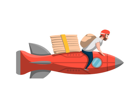 Courier with pizza boxes on rocket. Fast food online order and express delivery to door service vector illustrationのイラスト素材