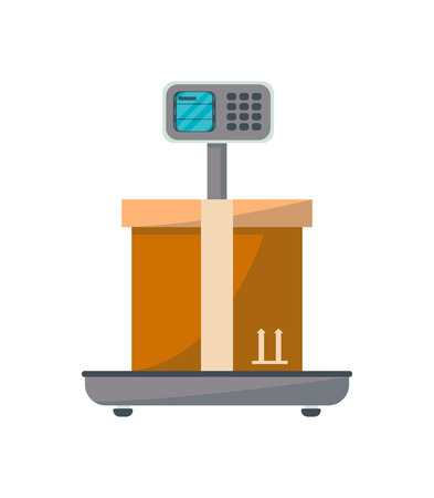 Packing box on scales icon. Warehouse weigher, delivery service, logistic company vector illustration. Isolated on white background.のイラスト素材