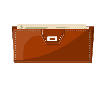 Female brown leather clutch with banknotes icon in flat style. Elegant and fashion accessory, business or banking sign, money success and financial safety. Isolated vector illustration.のイラスト素材