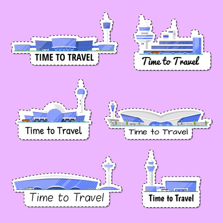 Time to travel isolated labels set with airport buildings. Modern glassy passenger air terminals with flight control towers vector illustration. Worldwide traveling tags, air transportation business.のイラスト素材