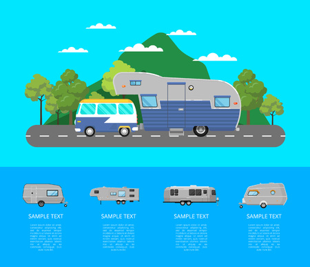Country traveling poster with van and camping trailer on highway. Side view car RV trailer caravan on mountain landscape. Tourist mobile motorhome for outdoor family vacation vector illustration.のイラスト素材