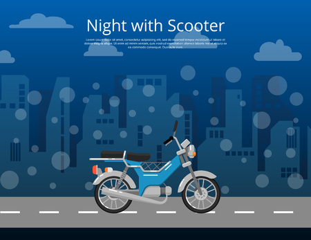 Night with scooter poster in flat style. Vintage city motorbike on cityscape background.のイラスト素材