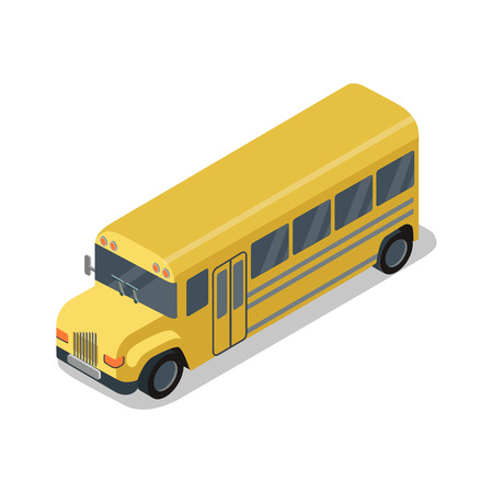 Yellow school bus isolated isometric 3D icon. City public transport, town vehicle, urban and countryside traffic vector illustration.のイラスト素材