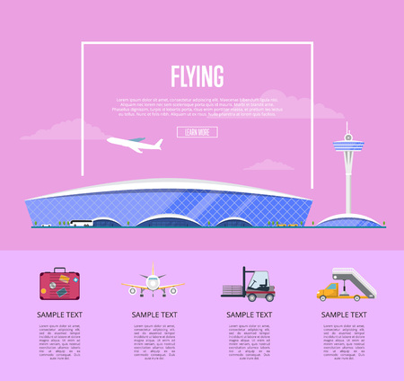 Worldwide flying concept for airline advertising. International air terminal with flight control tower and airplane takeoff vector illustration. World tourism organization, comfortable transportation.のイラスト素材