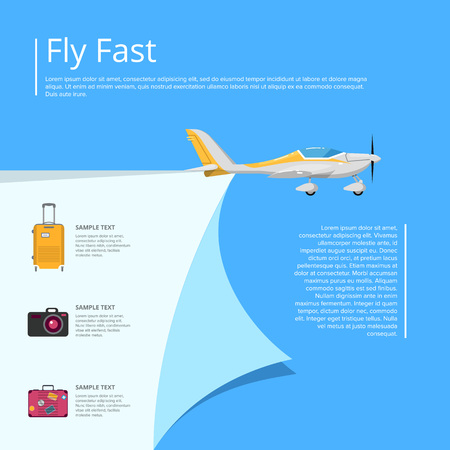 Fly fast poster for private airline advertising. Small propeller plane on blue background with space for text. Comfortable air transportation banner with side view screw aircraft vector illustration.のイラスト素材