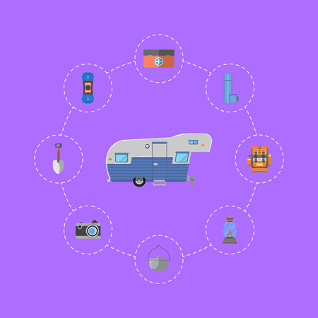 Tourist equipment with camping trailerのイラスト素材