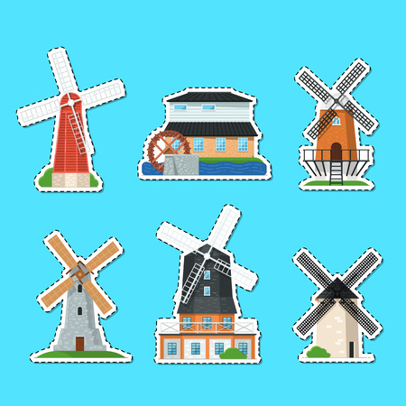 Traditional ancient windmills isolated labels. Organic agricultural production, ecological food manufacturing, countryside clean energy. Medieval european tourist attractions vector illustration.のイラスト素材