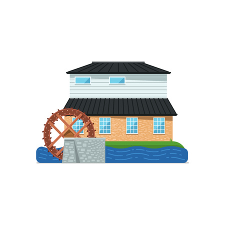 Old water mill building on white icon. Rural bakery shop, organic agricultural production, ecological food manufacturing vector illustration.のイラスト素材