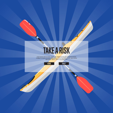Take a risk sport banner with kayak and paddle on striped background. Rafting, kayaking, paddling and canoeing activity. Extreme water sport, relaxation on river, adventure by boat vector illustrationのイラスト素材