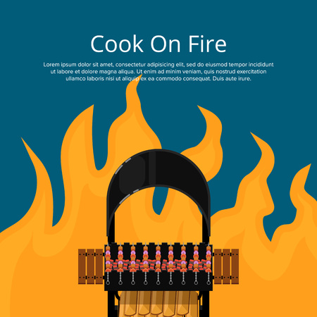 Cook on fire poster with meat skewers on charcoal grill. Garden BBQ picnic, traditional weekend food preparation. Outdoor cooking equipment with delicious meat on flame background vector illustration.のイラスト素材