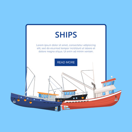 Vintage marine flotilla of ships poster. Commercial fishing trawlers for industrial seafood production vector illustration. Fishing boats, sea nautical transportation banner with space for text.のイラスト素材