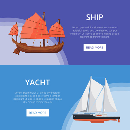 Luxury yachts flyers with side view nautical sailboats. Vintage marine cruise ship, passenger vessel transportation vector illustration. Outdoor sea traveling, sailing sport, ocean regatta posters.のイラスト素材