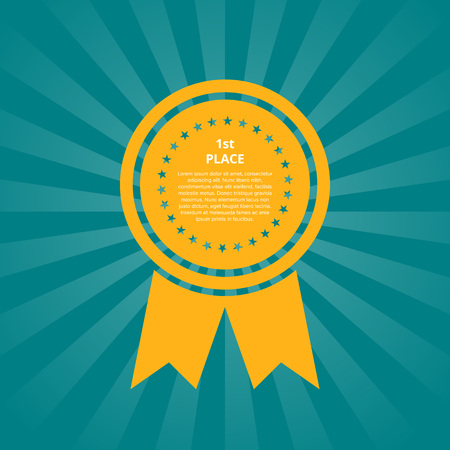 First place medal shape with ribbon. Championship award, trophy cup vector illustration. Sport competition ceremony event website banner with text, favorite prize symbol, victory celebration poster.のイラスト素材