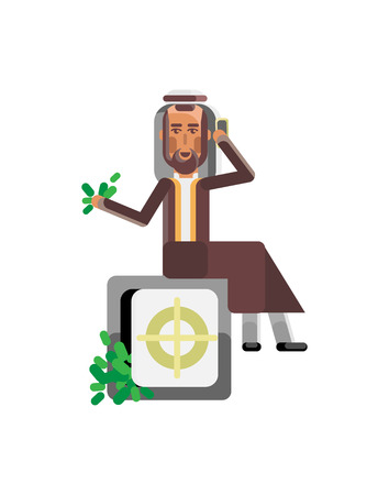 Arabic businessman with smartphone sitting on bank safe full of money.のイラスト素材