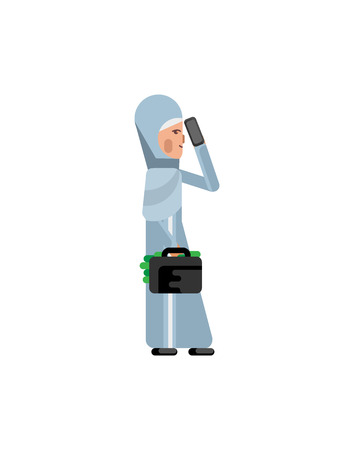 Arabic businesswoman in hijab with suitcase talking on phone. Corporate business people isolated vector illustration.のイラスト素材