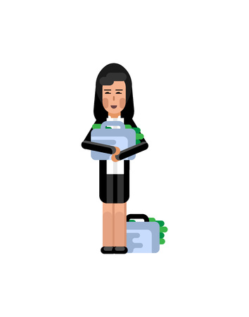 Asian businesswoman holds suitcase with money. Corporate business people isolated vector illustration.のイラスト素材