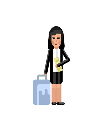 Asian woman with travel bag and ticket in hands. Corporate business people isolated vector illustration.のイラスト素材