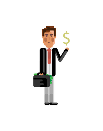 European businessman with suitcase and dollar sign in hands. Corporate business people isolated vector illustration.のイラスト素材