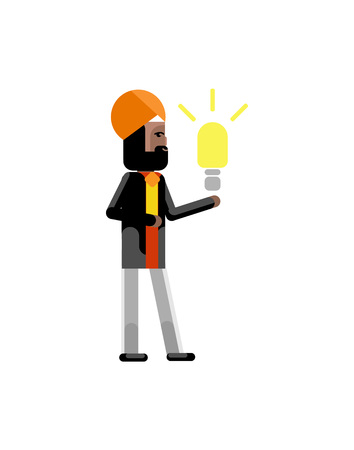 Indian businessman in turbine holding idea light bulb. Corporate business people isolated vector illustration.のイラスト素材