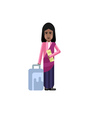 Indian woman with travel bag and ticket in hands. Corporate business people isolated vector illustration.のイラスト素材