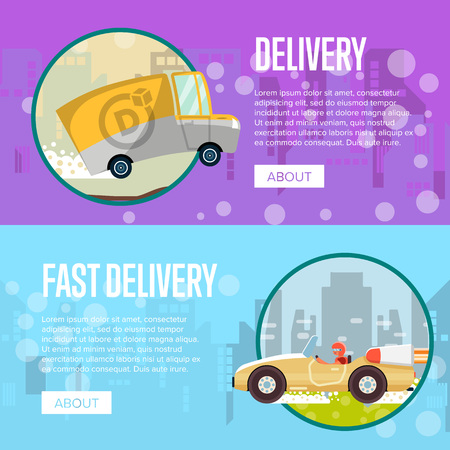 Food and furniture store delivery posters with courier in speedy sport car and commercial wagon. Advertising for online ordering goods and express delivery to customer door vector illustration.のイラスト素材