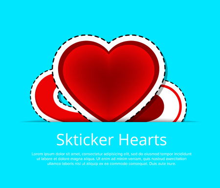 Happy valentines day greeting card template with red hearts stickers. Romantic love event celebration, elegant decorated wedding invitation. Layout for retail discount proposition vector illustration.のイラスト素材