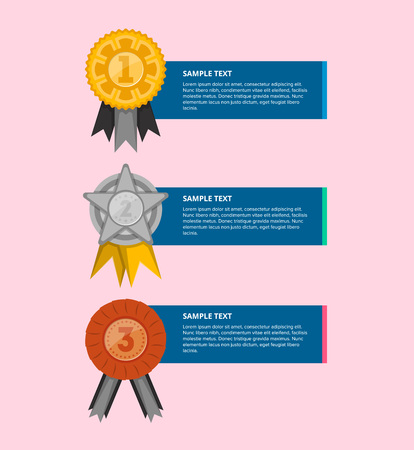 Golden, silver and bronze medals with ribbon. Championship awards ceremony banner with space for text, grand trophy vector illustration. Competition event, first, second and third place victory prizesのイラスト素材