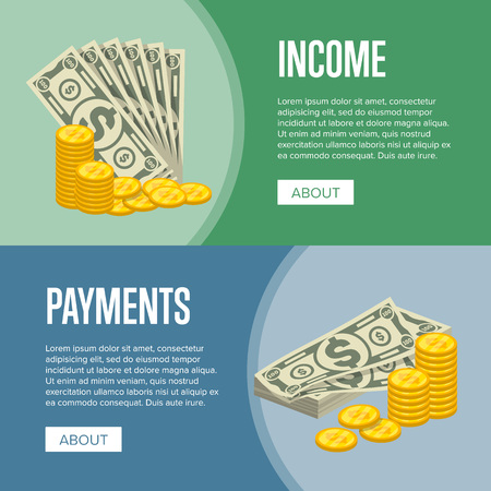 Money income and easy payments flyers with paper banknotes and golden coins in cartoon style. Financial safety and cash security, banking services and online money transaction vector illustration.のイラスト素材