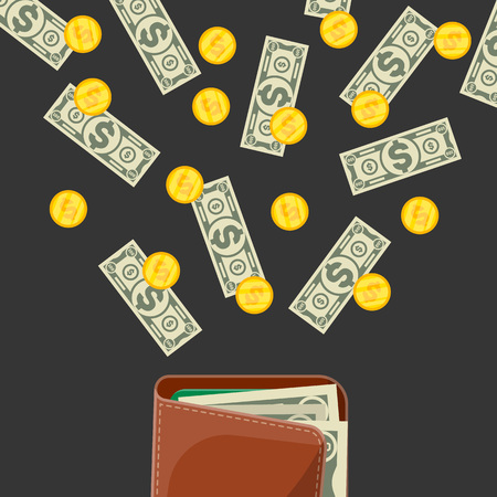 Easy payment poster with paper banknotes and golden coins falling in to leather wallet. Big cash income and financial success positive motivation. Banking services and safety vector illustration.のイラスト素材