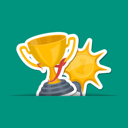 Championship awards ceremony poster with golden cups stickers on green background. Victory celebration vector illustration. Business success and leadership trophy cup, first place prize symbol.のイラスト素材