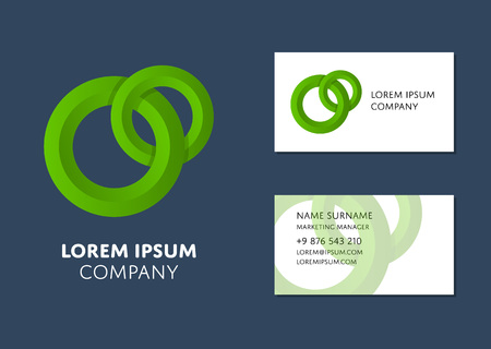 Creative business card template with green circle logo. Name, work position, phone, website and email contact information. Professional corporate business design, brand identity vector illustration.のイラスト素材