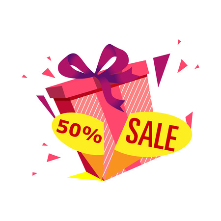 -50% off sale proposition sticker with gift box isolated on white background. Retail marketing, new advertising campaign, holiday shopping vector illustration.のイラスト素材