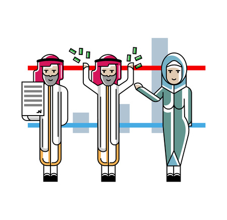 Arabic business team presenting your project near whiteboard with financial diagram. Corporate business people isolated vector illustration in linear style.のイラスト素材