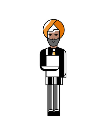 Indian businessman in turban standing with documents in hand. Corporate business people isolated vector illustration in linear style.のイラスト素材